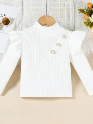 White ribbed long sleeve top with ruffle sleeves and pearl button detail