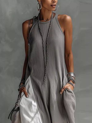 Gray two-tone maxi dress with pockets, sleeveless, round neck, casual maternity style