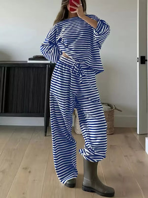 Royal Blue striped pajama set with drawstring pants and long sleeves.