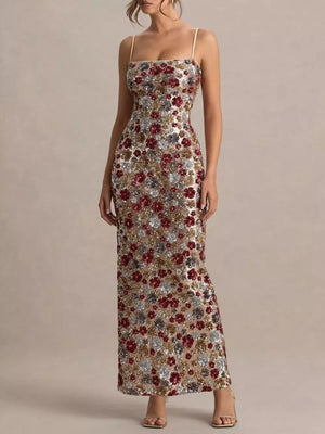 Floral sequin maxi dress with spaghetti straps and a bodycon fit.