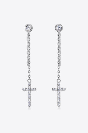 Silver dangling cross chain stud earrings with clear stones