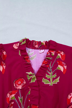 Charming Floral Tiered Midi Dress in berry with ruffled V-neck and floral print.