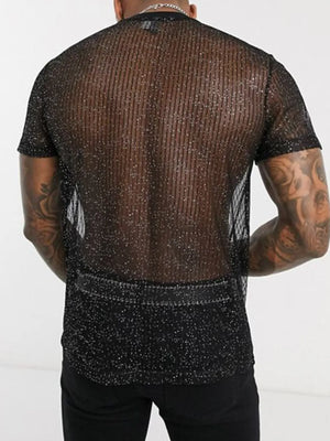 Black glitter mesh mock neck tee with vertical stripes and short sleeves.