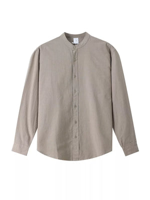 Men's long sleeve cotton shirt in Desert Color with mandarin collar and button-down front.
