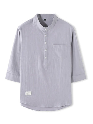 Grey cotton casual shirt with Mandarin collar, 3/4 sleeves, and chest pocket.