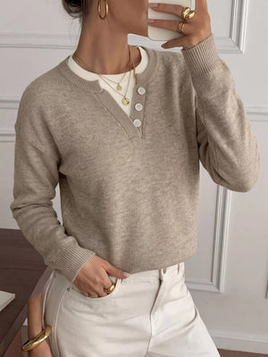 Dropped Shoulder Long Sleeve Sweater in Khaki, model styling view