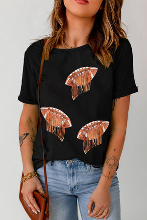 Black t-shirt with three sequined football graphics with fringe details.