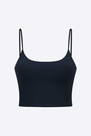 Black spaghetti strap crop top with a scoop neckline