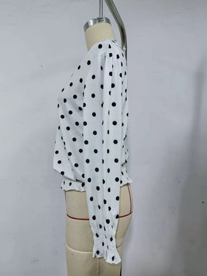 Polka Dot V-neck Smocked Blouse, back view