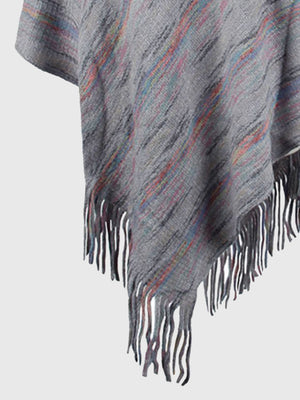 Charcoal mélange cape with colorful stripes and fringe detail