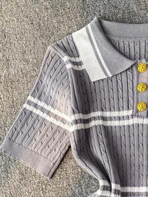 Grey cable knit polo t-shirt with white stripes and gold buttons