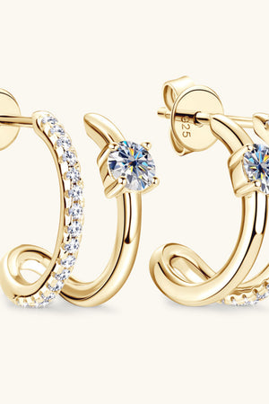 Gold double-band hoop earrings with pavé and solitaire stones