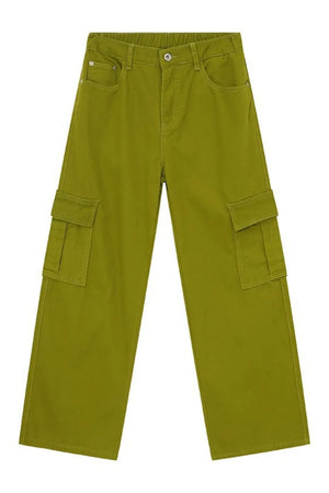 Lime green cargo pants with multiple pockets and a relaxed fit.