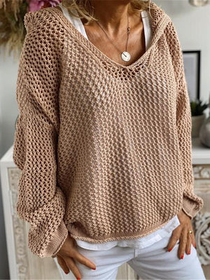 Tan open-knit slouchy hooded sweater with v-neck and relaxed fit.