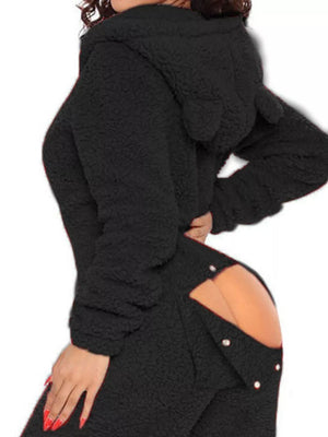 Black fleece hooded romper with open back and button detail