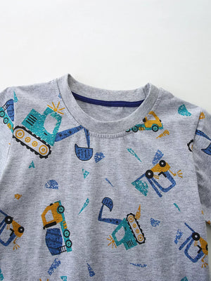 Toddler grey cotton crew neck t-shirt with all-over excavator print.