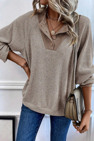 Mocha ribbed henley shirt with contrast collar and button detail