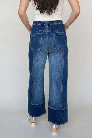 Drawstring Raw Hem Wide Leg Denim Pants, side view