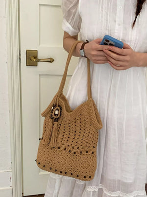 Knit Crochet Handbag in Brown, fabric detail