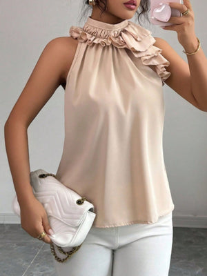 Ruffled high neck sleeveless blouse in red, black, apricot, or brown.