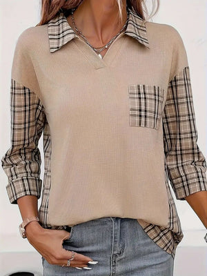 Plaid-panel ribbed knit shirt in Dust Storm with a V-neck, collar, and chest pocket.