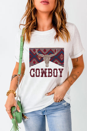 White graphic t-shirt with cowboy skull and geometric pattern, casual fit