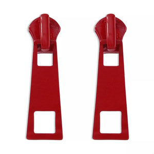 Red zipper drop earrings with square cutouts, made of alloy.