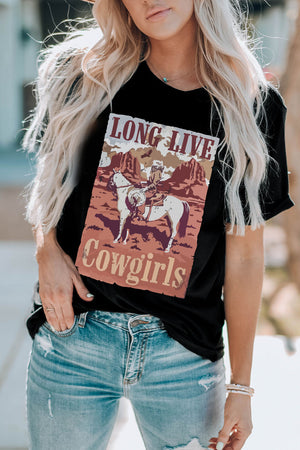 Black graphic tee with Long Live Cowgirls desert scene print