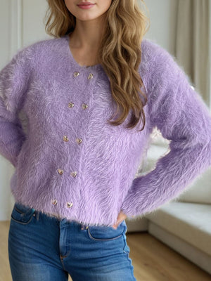 Fluffy luxe double-breasted knit cardigan in lavender with heart buttons.