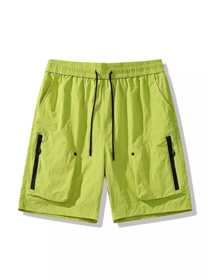 Green lightweight cargo shorts with drawstring and zipper pockets