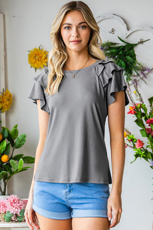 Mid Gray ruffled sleeve sculpted tee with a round neckline.