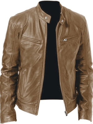 Brown faux leather biker jacket for men with zip pockets and stand collar.