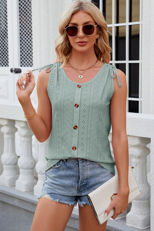 Sage eyelet button-down tank top with tie shoulders and scoop neck