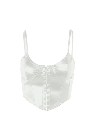 White faux leather corset cami top with button front detail and adjustable straps.
