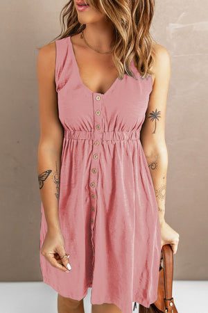 Pink button-down mini dress with gathered waistline and V-neck