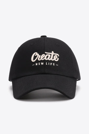 Black baseball cap with embroidered "Create New Life" text