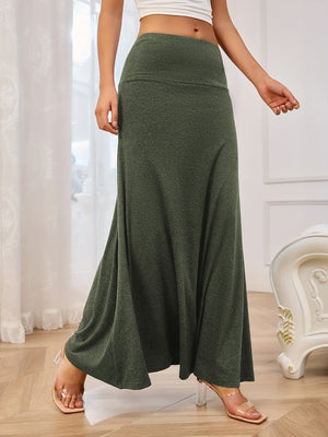 Flowing jersey maxi skirt in Army Green with a wide waistband.