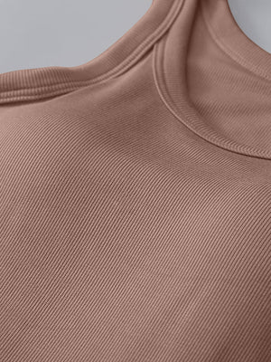 Ribbed knit tank top in a soft brown with built-in bra and rounded neckline.