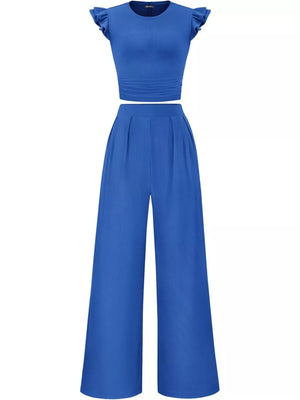 Ruffled cap sleeve crew neck maternity top and wide leg pants set in sky blue.