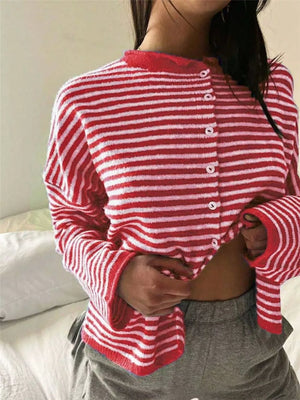 Striped Knit Button Up Cardigan in Khaki, side view