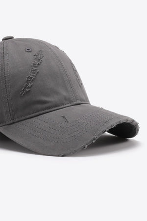 Mid Gray distressed baseball cap with frayed details and adjustable fit