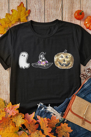 Black t-shirt with sequin Halloween ghost, witch hat, and pumpkin graphic.