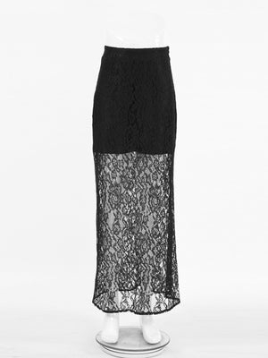 Black lace maxi skirt with sheer detail and scalloped hem.