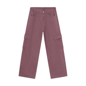 Oversized cargo denim trousers in Moonlit Mauve with large side pockets.