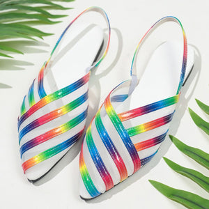 Chic mesh pointed slingback flats with rainbow stripes and white mesh.