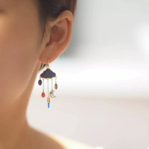 18K gold-plated blue cloud dangle earrings with colorful charms and moon detail