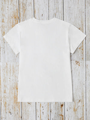 White crew neck t-shirt with short sleeves, plain back.