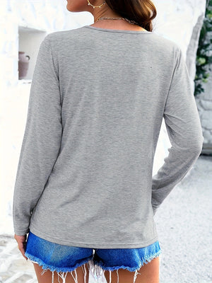 Light gray long sleeve tee with a lattice neckline detail.