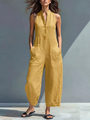 Yellow button-down sleeveless romper with pockets and wide legs