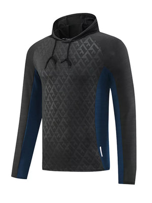 Men's dark gray geometric print hooded sweatshirt with ink blue side panels.